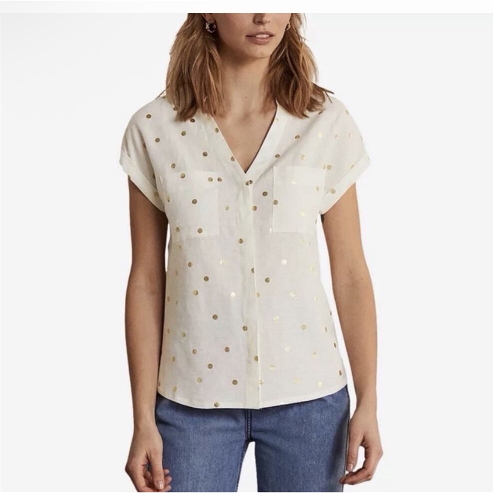 Boden Evie‎ White And Gold Polka Dot Linen Short Sleeve Button Down Blouse Sz 6